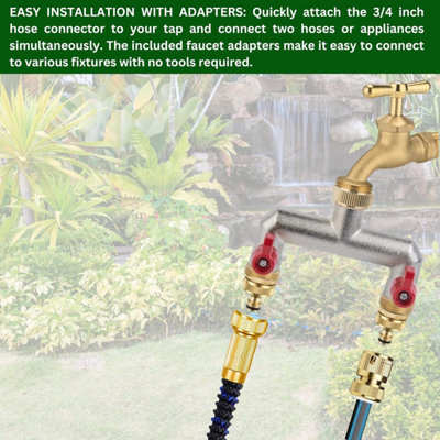 Brass 2-Way Garden Hose Tap Splitter with 2 Faucet Adapters and  PTFE Tape Durable three-quartz Outdoor Tap Connector with Valves - 4