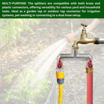 Brass 2-Way Garden Hose Tap Splitter with 2 Faucet Adapters and  PTFE Tape Durable three-quartz Outdoor Tap Connector with Valves - 5