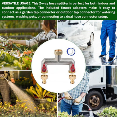Brass 2-Way Garden Hose Tap Splitter with 2 Faucet Adapters and  PTFE Tape Durable three-quartz Outdoor Tap Connector with Valves - 6