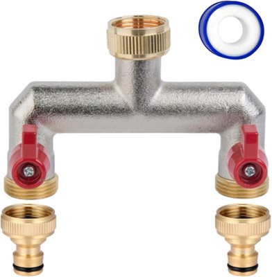 Brass 2-Way Garden Hose Tap Splitter with 2 Faucet Adapters and  PTFE Tape Durable three-quartz Outdoor Tap Connector with Valves - 7