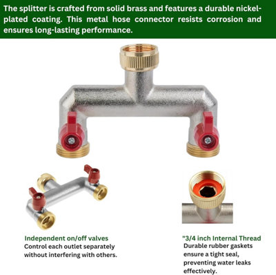 Brass 2-Way Garden Hose Tap Splitter with PTFE Tape  Durable three-quarts" Outdoor Tap Connector with Individual Valves - 3
