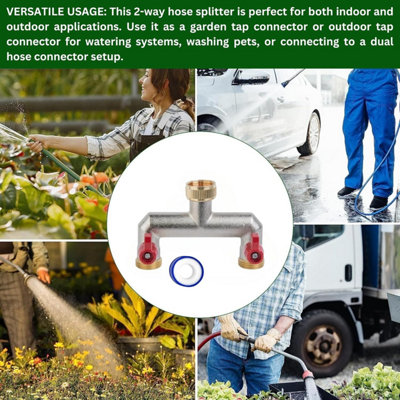 Brass 2-Way Garden Hose Tap Splitter with PTFE Tape  Durable three-quarts" Outdoor Tap Connector with Individual Valves - 4