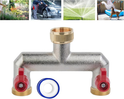 Brass 2-Way Garden Hose Tap Splitter with PTFE Tape  Durable three-quarts" Outdoor Tap Connector with Individual Valves - 7