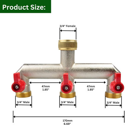 Brass 3-Way Garden Hose Tap Splitter with PTFE Tape  Durable three-quarts" Outdoor Tap Connector with Individual Valves