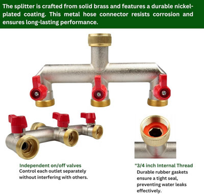Brass 3-Way Garden Hose Tap Splitter with PTFE Tape  Durable three-quarts" Outdoor Tap Connector with Individual Valves - 3