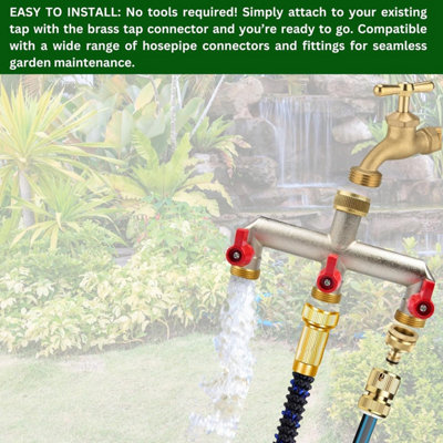 Brass 3-Way Garden Hose Tap Splitter with PTFE Tape  Durable three-quarts" Outdoor Tap Connector with Individual Valves - 5