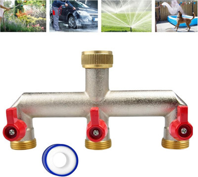 Brass 3-Way Garden Hose Tap Splitter with PTFE Tape  Durable three-quarts" Outdoor Tap Connector with Individual Valves - 6