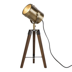BRASS AND WOOD SPOTLIGHT TABLE LAMP