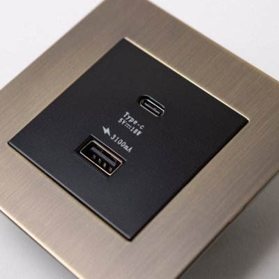 BRASS BEE Antique Brass USB A & C Socket with Black Insert