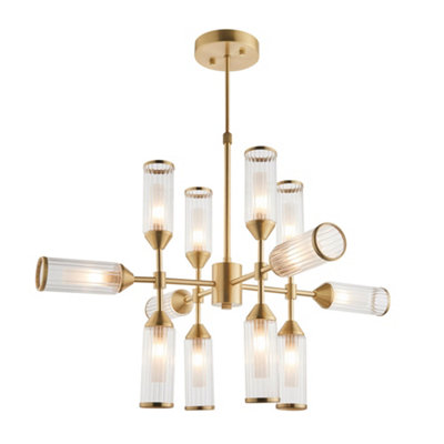 Brass Ceiling Pendant Light - 12 Bulb Lamp Fitting - Frosted Glass Diffusers