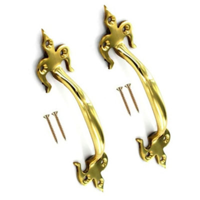 Brass Door Pull Handle 175mm Fleur De Lys Pull Handles Vintage Cabinet Cupboard & Drawer Handle Antique Brass Finish with Screw x2