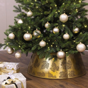 Brass-Effect Ivy Leaf Design Tree Skirt - Metal Christmas Tree Trunk Basket Guard Home Festive Decoration - H27 x 61cm Diameter