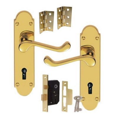 Brass Finish Epsom Victoria Scroll Lock Door Handles On Back Plate & Lock