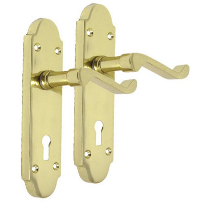 Brass Finish Victorian Epsom Scroll on Shaped Back Plate Lock Handles