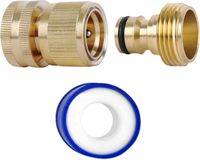 Brass Hose Connector Set - 3/4 Inch Female Thread Tap and Male Quick Connectors + PTFE Tape Universal Outdoor Tap Adapter