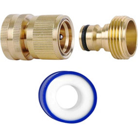 Brass Hose Connector Set - 3/4 Inch Female Thread Tap and Male Quick Connectors + PTFE Tape Universal Outdoor Tap Adapter