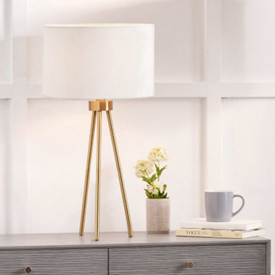 Brass Metal Tripod Table Lamp With Cream Velvet Shade