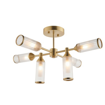 Brass Semi Flush 6 Bulb Ceiling Light - Ribbed Glass Shades & Frosted Diffusers