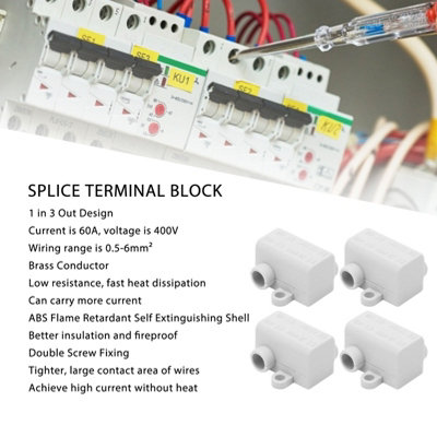 Brass Splitter Wire Connector: 1 Input,3 Outputs,Quick Wiring Terminal Block for Ceiling Lamps,60A 400V,Pack of 10