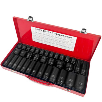 Brave Tools 35pcs 1/2" Sq Metric Drive Deep Impact Socket Tool Set Garage Kit 8-32mm + Metal Storage Case