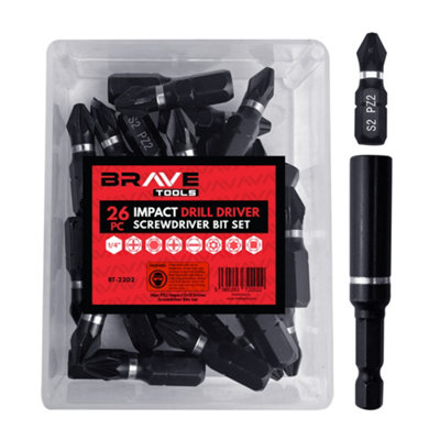 Brave Tools PZ2 Impact Drill Driver Screwdriver 26pc Bits Set Magnetic Bit Holder Pozidriv