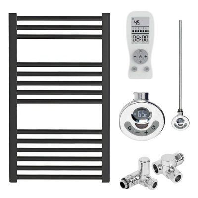 Bray Dual Fuel Thermostatic Electric Heated Towel Rail With Timer, Straight, Black - W400 x H800 mm