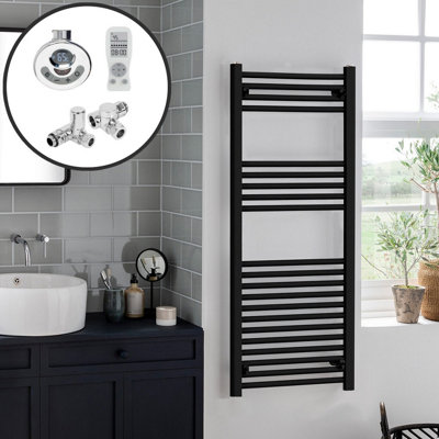 Bray Dual Fuel Thermostatic Electric Heated Towel Rail With Timer, Straight, Black - W400 x H800 mm