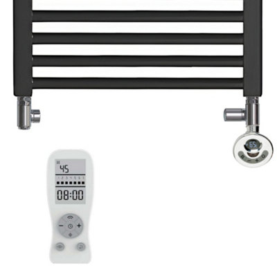 Bray Dual Fuel Thermostatic Electric Heated Towel Rail With Timer, Straight, Black - W400 x H800 mm