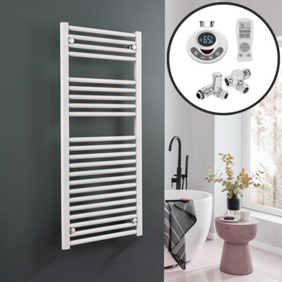 Bray Dual Fuel Thermostatic Electric Heated Towel Rail With Timer, Straight, White - W400 x H1800 mm