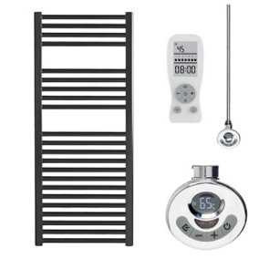 Bray Thermostatic Electric Heated Towel Rail With Timer, Black - W500 x H1200 mm