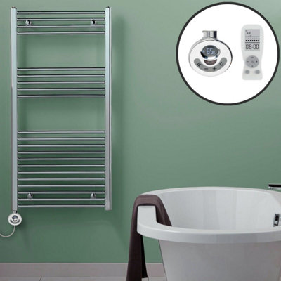 Bray Thermostatic Electric Heated Towel Rail With Timer, Straight, Chrome - W300 x H800 mm