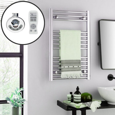 Bray Thermostatic Electric Heated Towel Rail With Timer, Straight, Chrome - W500 x H800 mm