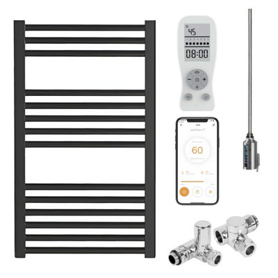 Bray Wifi Dual Fuel Heated Towel Rail With Thermostat, Timer, Straight, Black - W400 x H800 mm