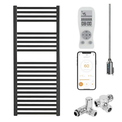 Bray Wifi Dual Fuel Heated Towel Rail With Thermostat, Timer, Straight, Black - W500 x H1000 mm