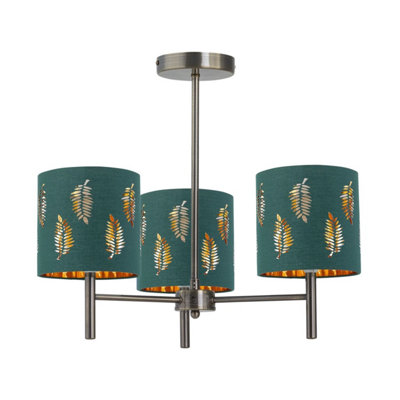 Brea - Antique Brass 3 Light Fitting with Dark Green Fern Shades