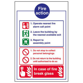 Break Glass Fire Action Safety Sign - Adhesive Vinyl - 200x300mm (x3)