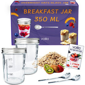 Breakfast Jars (330ml) Overnight Oats Jars with Airtight Screw Sealing Lid Set (2 Pack - Silver)