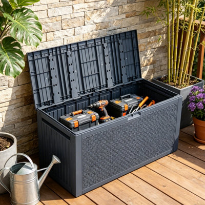 Breeins 340L Plastic Outdoor Garden Storage Box, Dark Grey