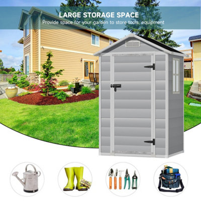 Breeins 4x3ft Waterproof Apex Roof Outdoor Plastic Shed Garden Shed Tool Storage House Grey