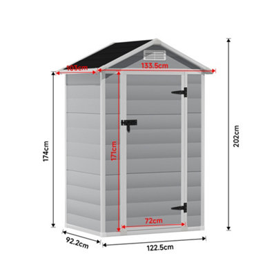 Breeins 4x3ft Waterproof Apex Roof Outdoor Plastic Shed Garden Shed Tool Storage House Grey