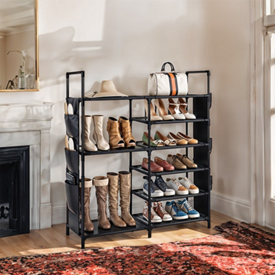 Breeins Black Multifunctional Double-row 7 Tier Open Shoe Rack with ...