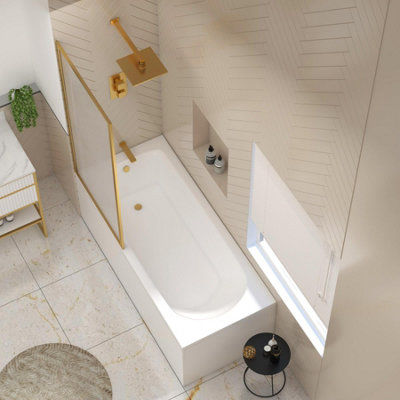 Breeze 1700 x 700mm Acrylic Single Ended Round Edged Gloss White Straight Bath with Brushed Brass Framed Fluted Screen
