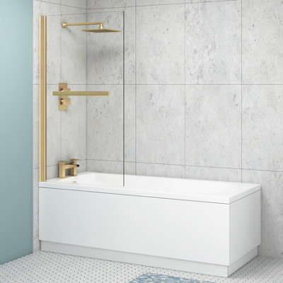 Breeze 1700 x 700mm Acrylic Single Ended Round Edged White Straight Bath with Brushed Brass Wall Profile Screen & Rail