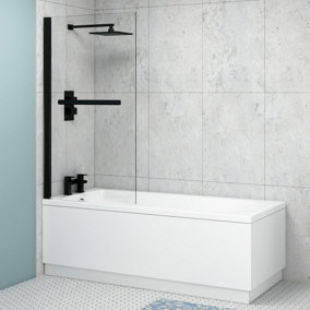 Breeze 1700 x 750mm Acrylic Single Ended Round Edged White Straight Bath with Matt Black Wall Profile Screen & Rail
