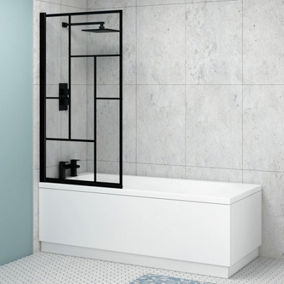 Breeze 1800 x 800mm Acrylic Single Ended Round Edged Gloss White Straight Bathtub with Matt Black Abstract Grid Screen