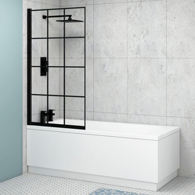 Breeze 1800 x 800mm Acrylic Single Ended Round Edged Gloss White Straight Bathtub with Matt Black Square Grid Screen