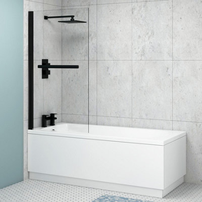 Breeze 1800 x 800mm Acrylic Single Ended Round Edged White Straight Bath with Matt Black Wall Profile Screen & Rail
