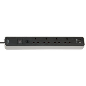 Brennenstuhl 4 Gang Extension Lead with 2 USB  Ports and 3 Metre Heavy Duty Cable - Black & White