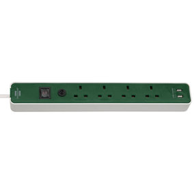 Brennenstuhl 4 Gang Extension Lead with 2 USB  Ports and 3 Metre Heavy Duty Cable - Green & White