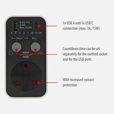 Brennenstuhl Countdown Timer Plug with USB A and USB C - Mains Timer Socket